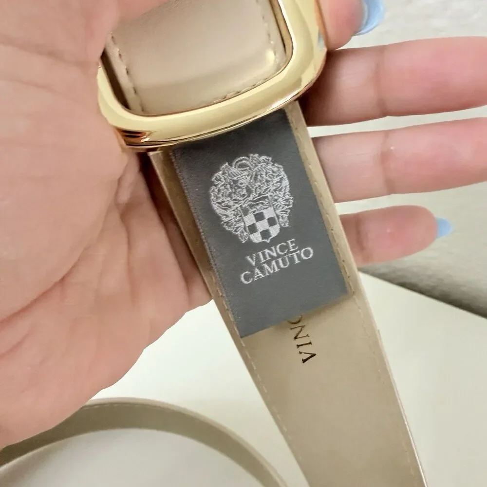 Vince Camuto Belt Women L Beige Faux Leather Gold Buckle Wide Waist Belt